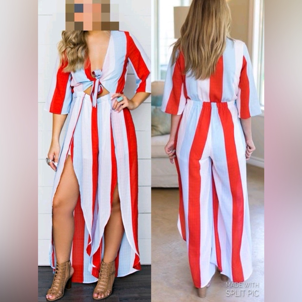 Peach Love California Red & White Striped Tie-Front Jumpsuit